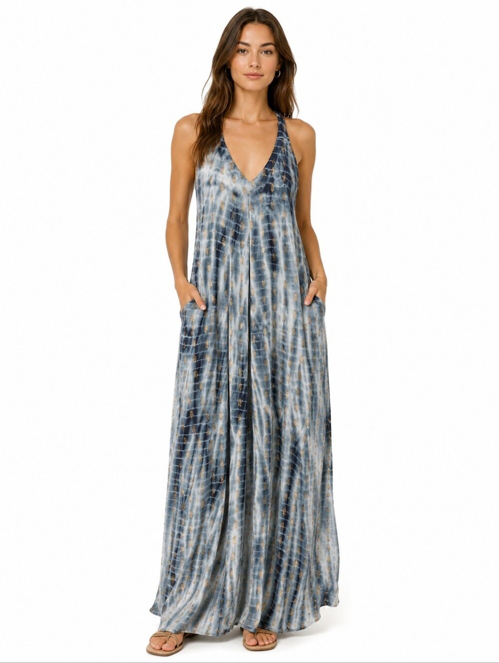 Lovestitch Blue Tie Dye Metallic Maxi Dress Sleeveless Pockets Boho Size S